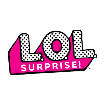 Logótipo LOL Surprise com fundo rosa e texto branco com pontos pretos nas letras