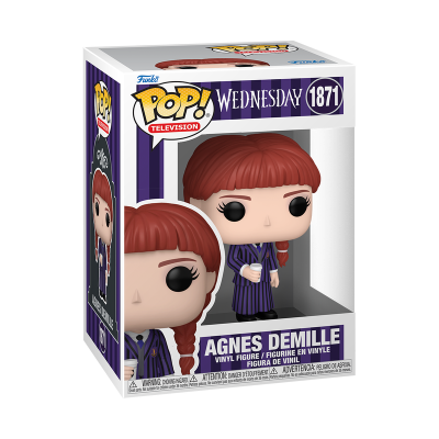 Figura Funko Pop Agnes DeMille em caixa com fundo roxo e branco