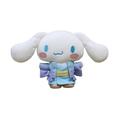 Peluche branco com orelhas compridas e roupa tradicional azul e lilás