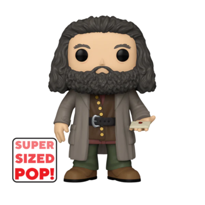Boneco Funko Pop grande com cabelo e barba encaracolados, casaco cinzento e envelope na mão direita