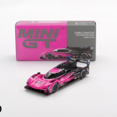 Miniatura de carro de corrida Cadillac rosa e preto com caixa MINI GT