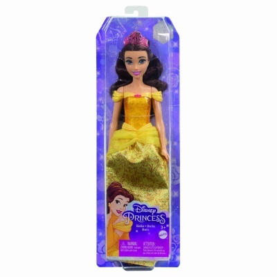Boneca Disney Princess Bela vestida com vestido amarelo na embalagem roxa