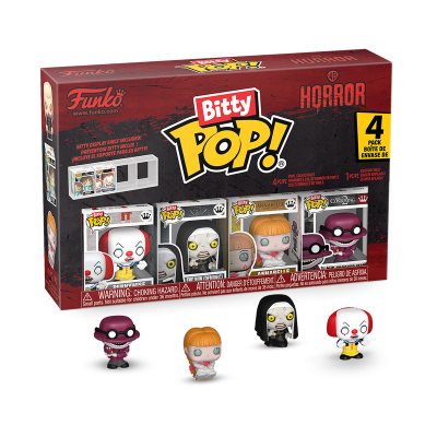 Pack de quatro mini figuras colecionáveis Funko Bitty Pop! em vinil com personagens de filmes de terror.