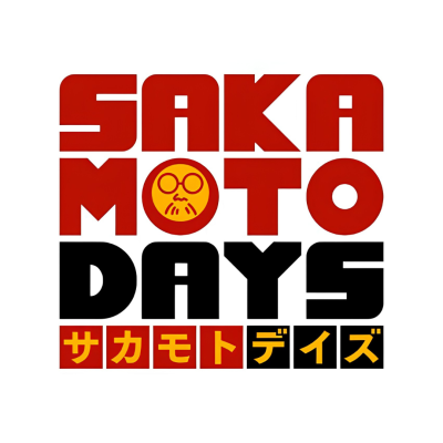 Logotipo com texto SAKAMOTO DAYS em vermelho e preto com rosto amarelo e caracteres japoneses