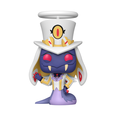 Figura Funko Pop roxa com chapéu branco e detalhes amarelos e vermelhos, vestindo traje formal e segurando um coração vermelho.