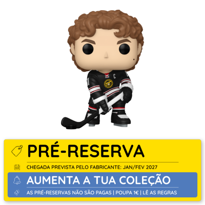 Figura Funko Pop de jogador de hóquei no gelo em uniforme preto, com stick de hóquei