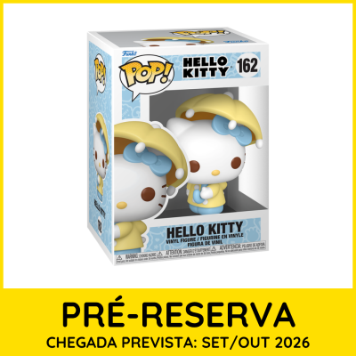 Figura vinil Hello Kitty com guarda-chuva amarelo e laço azul na embalagem