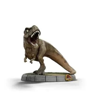 Estátua de dinossauro Tyrannosaurus rex com base cinzenta e logotipo Jurassic Park