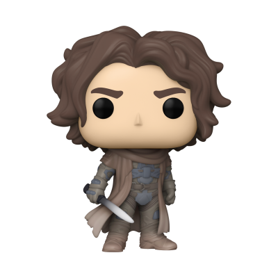 Figura Funko Pop de personagem com cabelo castanho ondulado e adaga
