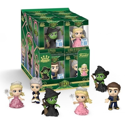 Caixa com figuras de vinil Funko Minis da coleção Wicked e figuras expostas à frente