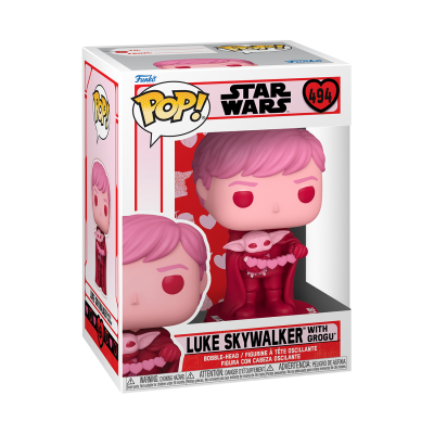 Boneco Funko Pop! Luke Skywalker com Grogu em tons rosa e vermelho