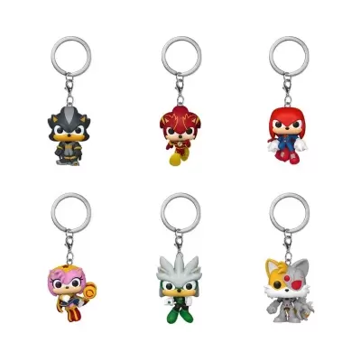 Seis porta-chaves Funko Pop coloridos com personagens de desenhos animados