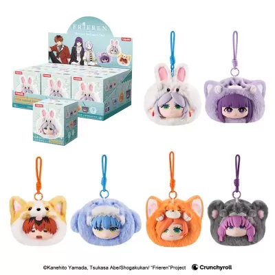 Peluches chaveiros de personagens da série Frieren com fatos de animais de várias cores