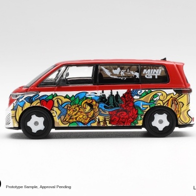 Modelo de carrinha Volkswagen vermelho com decoração de graffiti e texto MINIGT na janela