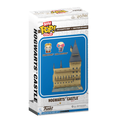 Caixa do produto Bitty Pop! Display da Funko Hogwarts Castle com imagens de Dumbledore e Luna Lovegood
