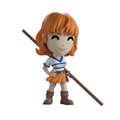 Figura colecionável de personagem com bastão e roupa colorida