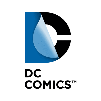 Logótipo da DC Comics com letra D azul e letra C preta, texto DC COMICS™