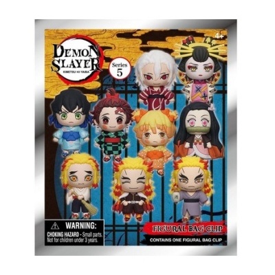 Embalagem de figuras Demon Slayer Series 5 com 9 personagens coloridas e avisos de segurança