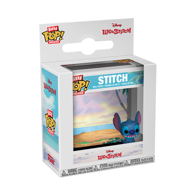 Figura de vinil Pop! Deluxe da Disney Stitch em embalagem de caixa clara com fundo de praia