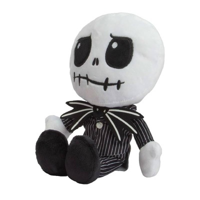 Boneco de peluche caveira com roupa às riscas sentado