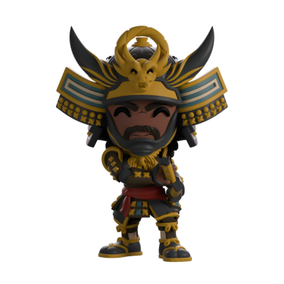 Boneco colecionável samurai preto e dourado com capacete detalhado e cinto vermelho