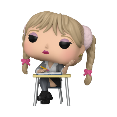 Boneca colecionável Funko Pop sentada numa carteira escolar com detalhes em rosa e cinza