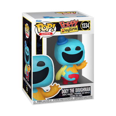 Figura Funko Pop! Doey The Doughman azul amarelo e vermelho na caixa com texto