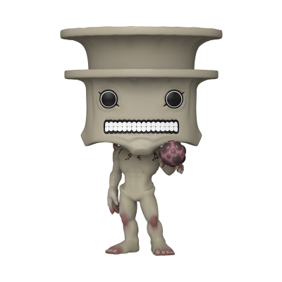 Boneco Funko Pop com cabeça em forma de cilindro cinzento e corpo humanoide cinza com manchas vermelhas segurando esfera roxa