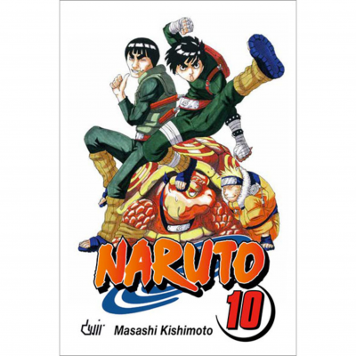 Capa do manga Naruto número 10 com três personagens ninja e um sapo gigante