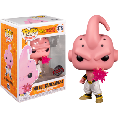 Figura Funko Pop! Kid Buu Kamehameha da Dragon Ball Z com efeito de energia rosa e caixa ao lado