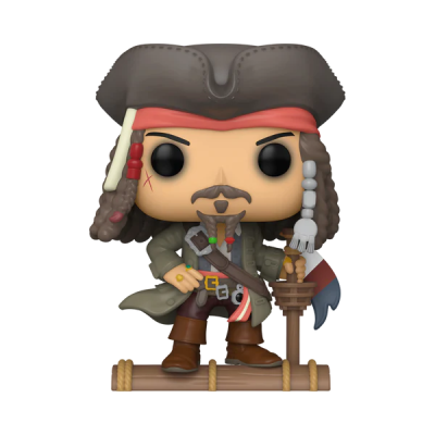 Boneco Funko Pop pirata com chapéu preto e roupa verde em base de madeira