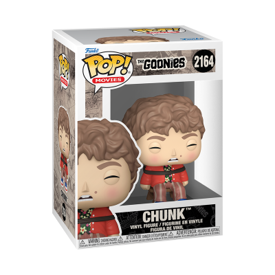 Figura Funko Pop! Chunk de The Goonies com camisa vermelha e calças às riscas dentro de caixa
