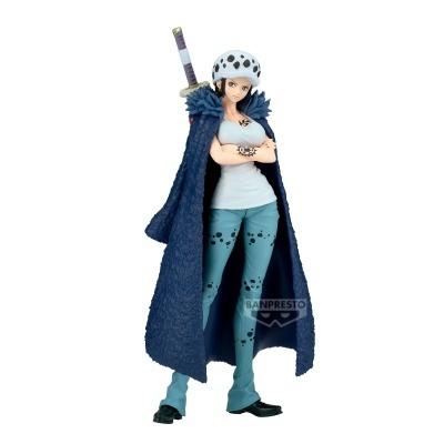 Figura anime com casaco azul, calças azuis com manchas e espada