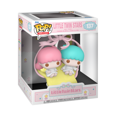 Figura Funko Pop Deluxe Little Twin Stars 137 com bonecos de vinil rosa e azul numa lua amarela em embalagem rosa e branca