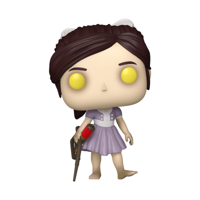 Boneco Funko Pop de menina com vestido lilás e arma