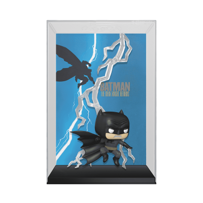 Figura POP de vinil do Batman com capa preta em suporte preto com fundo azul e relâmpago branco