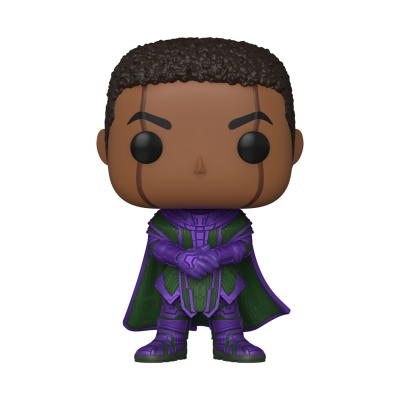 Figura colecionável Funko Pop de personagem com roupa roxa e capa verde
