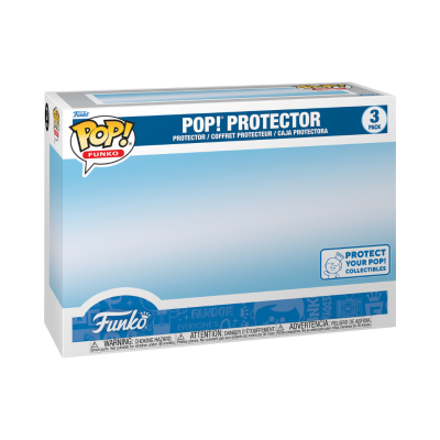 Caixa para 3 protetores Funko Pop! com design azul e branco.
