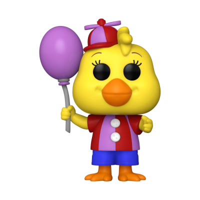Figura colecionável de pato amarelo com balão roxo