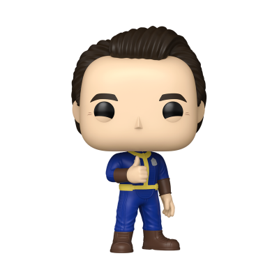 Figura Funko Pop personagem masculino com fato azul e detalhes amarelos.