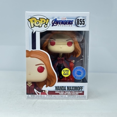 Figura colecionável Pop! Wanda Maximoff Avengers Endgame 855 na caixa com cabelo castanho-avermelhado e olhos vermelhos