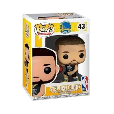 Figura Funko Pop Stephen Curry com uniforme preto dos Golden State Warriors na caixa