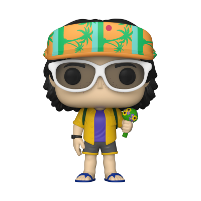 Figura colecionável Funko Pop com óculos brancos, bandana laranja, camisa amarela e buquê de flores