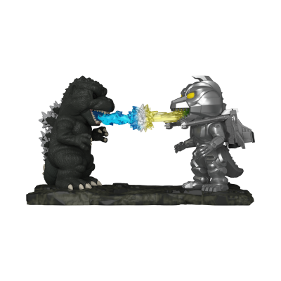 Duas figuras de ação em pose de batalha, Godzilla preta e figura metálica prateada ambas cuspindo fogo