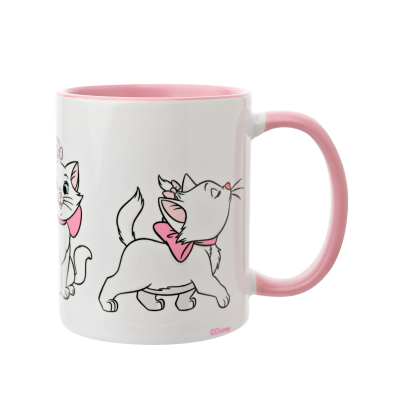 Caneca branca com interior e pega rosa e desenhos de gatos e laços cor-de-rosa