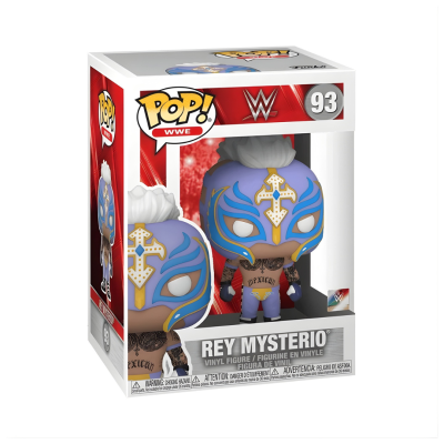 Figura vinyl POP WWE Rey Mysterio máscara azul e dourada em caixa