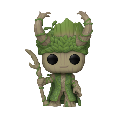 Figura Funko Pop de Groot com bastão e folhas verdes