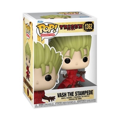 Figura Funko Pop! Vash The Stampede na caixa, personagem com cabelo verde e roupa vermelha