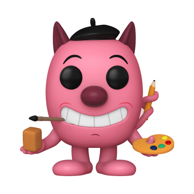 Boneco decorativo rosa com boina preta e ferramentas de pintura