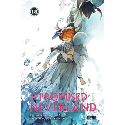Capa do livro THE PROMISED NEVERLAND volume 18 com personagens em tons de azul e texto em inglês e português
